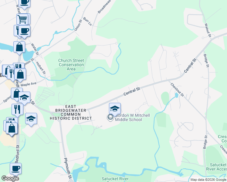 map of restaurants, bars, coffee shops, grocery stores, and more near 35 Central Street in East Bridgewater