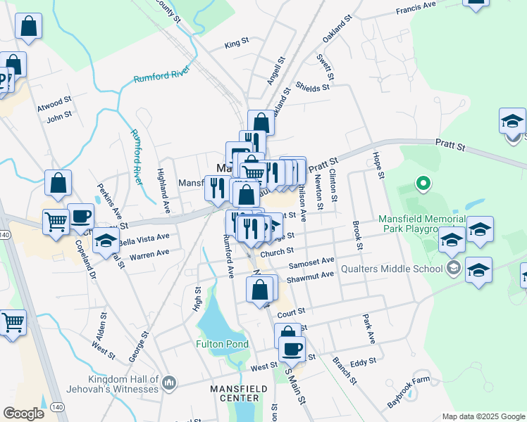 map of restaurants, bars, coffee shops, grocery stores, and more near 30 Pleasant Street in Mansfield