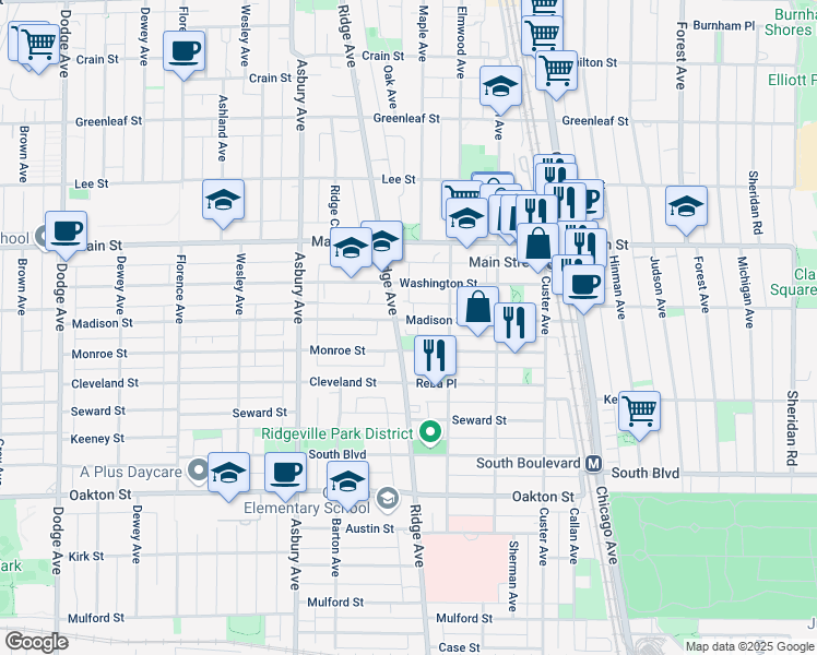map of restaurants, bars, coffee shops, grocery stores, and more near 737 Ridge Avenue in Evanston