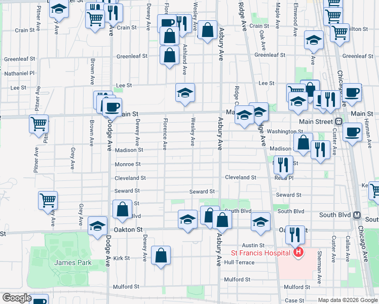 map of restaurants, bars, coffee shops, grocery stores, and more near 1428 Madison Street in Evanston