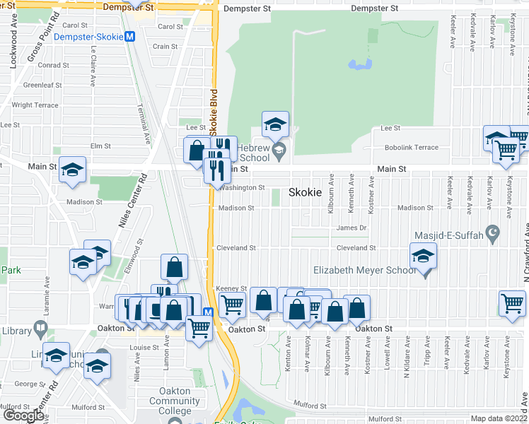 map of restaurants, bars, coffee shops, grocery stores, and more near 4633 Madison Street in Skokie