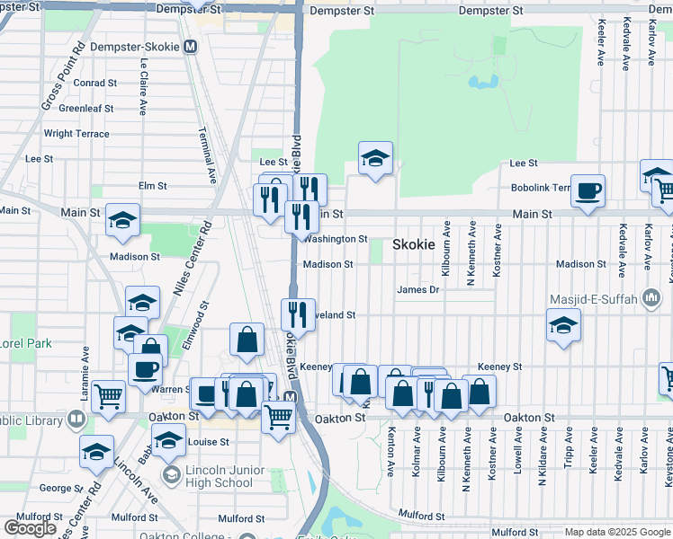 map of restaurants, bars, coffee shops, grocery stores, and more near 4721 Madison Street in Skokie