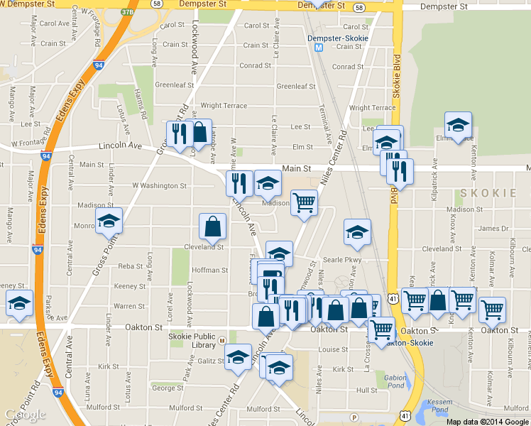 map of restaurants, bars, coffee shops, grocery stores, and more near 5105 Madison Street in Skokie