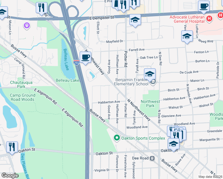 map of restaurants, bars, coffee shops, grocery stores, and more near 1332 Good Avenue in Park Ridge