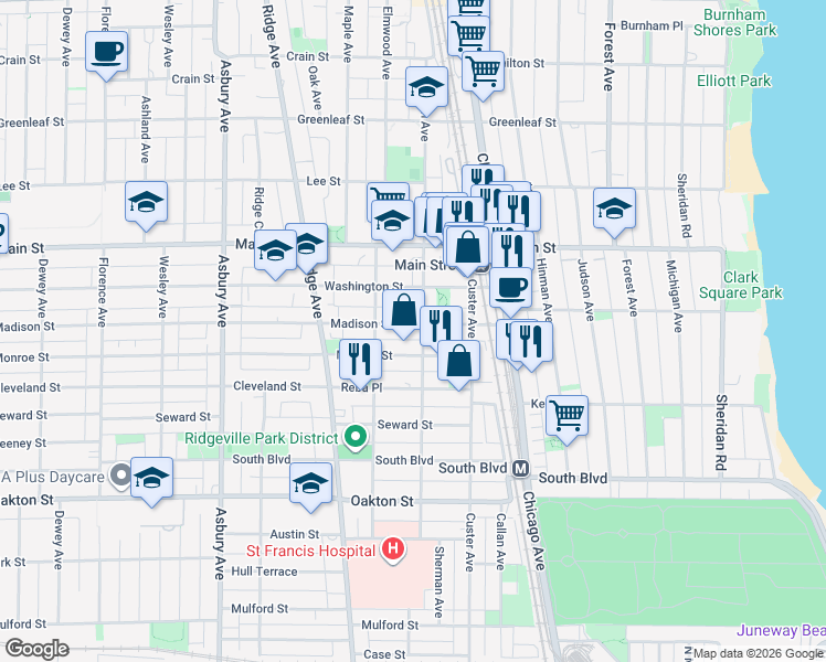 map of restaurants, bars, coffee shops, grocery stores, and more near 802 Madison Street in Evanston
