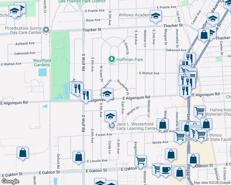 map of restaurants, bars, coffee shops, grocery stores, and more near 1166 West Grant Drive in Des Plaines