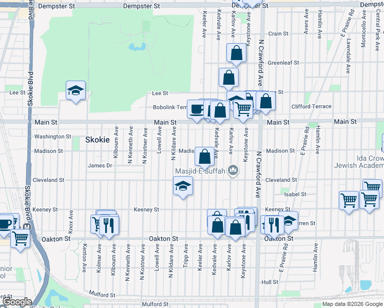 map of restaurants, bars, coffee shops, grocery stores, and more near 4221 Madison Street in Skokie