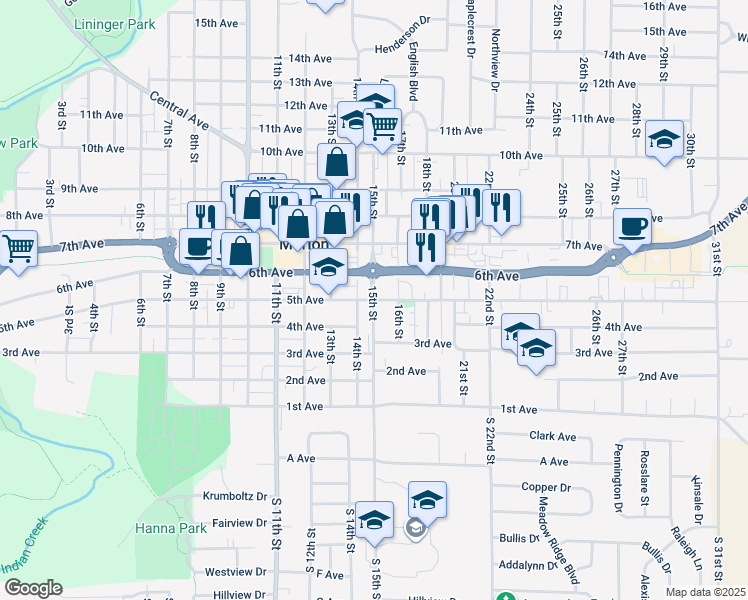 map of restaurants, bars, coffee shops, grocery stores, and more near 1499 5th Avenue in Marion