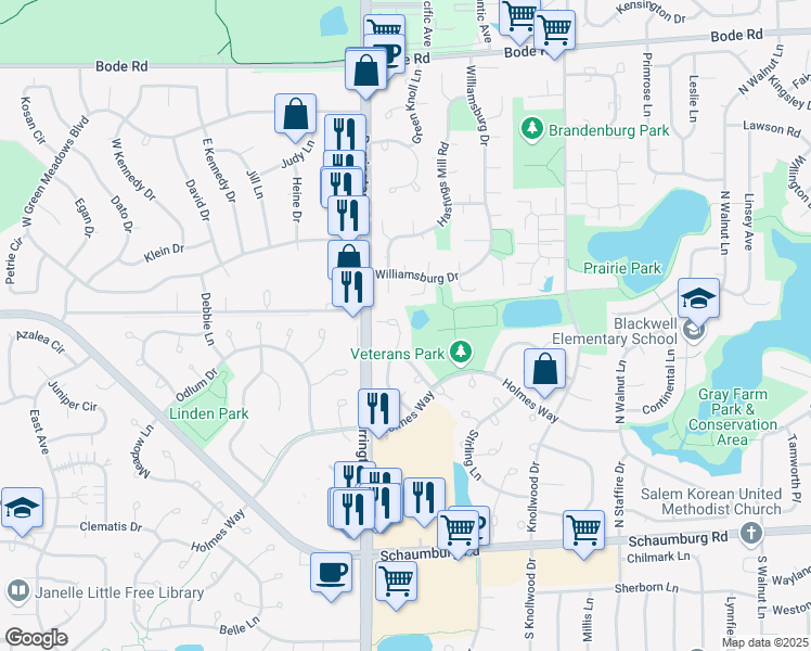 map of restaurants, bars, coffee shops, grocery stores, and more near 311 Glasgow Lane in Schaumburg