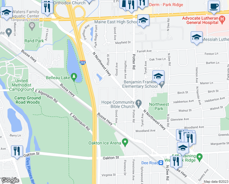 map of restaurants, bars, coffee shops, grocery stores, and more near 1332 Good Avenue in Park Ridge