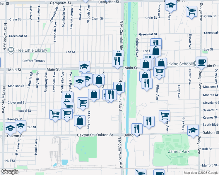 map of restaurants, bars, coffee shops, grocery stores, and more near 8252 Christiana Avenue in Skokie