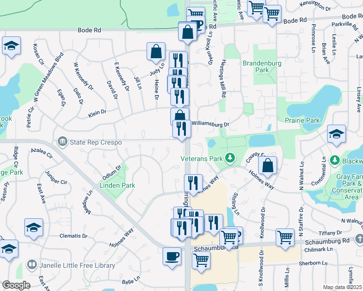 map of restaurants, bars, coffee shops, grocery stores, and more near 2791 Glasgow Court in Schaumburg