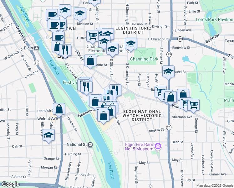 map of restaurants, bars, coffee shops, grocery stores, and more near 281 Raymond Street in Elgin