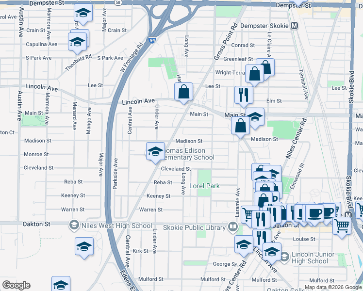 map of restaurants, bars, coffee shops, grocery stores, and more near 5401 Madison Street in Morton Grove