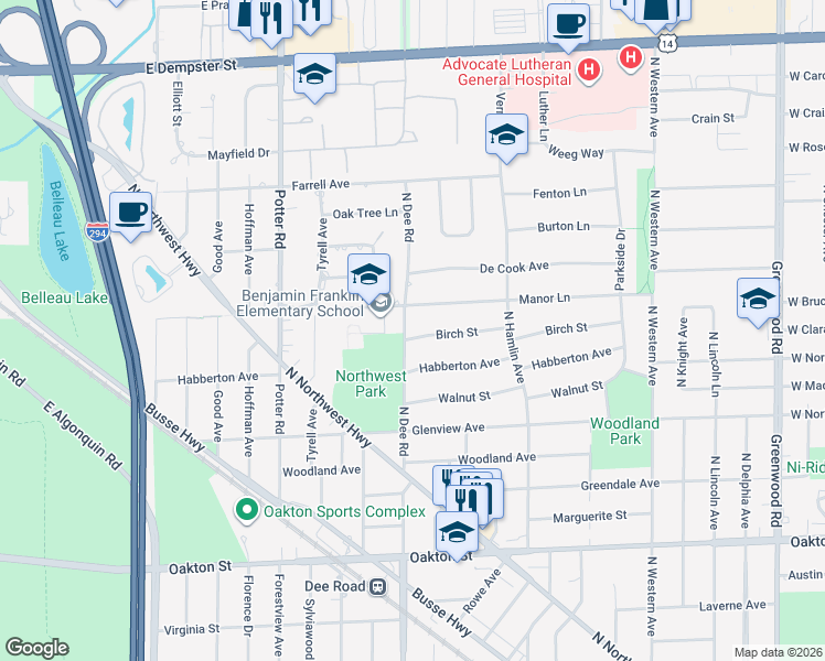 map of restaurants, bars, coffee shops, grocery stores, and more near 2240 Birch Street in Park Ridge