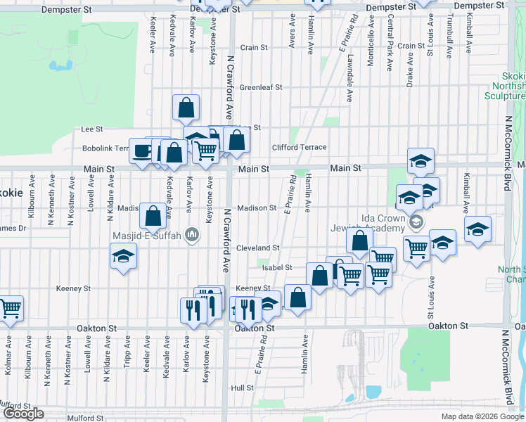 map of restaurants, bars, coffee shops, grocery stores, and more near 3903 Madison St in Skokie