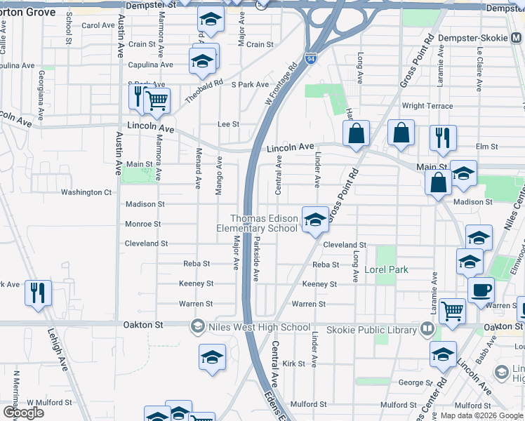 map of restaurants, bars, coffee shops, grocery stores, and more near 8243 Parkside Avenue in Morton Grove
