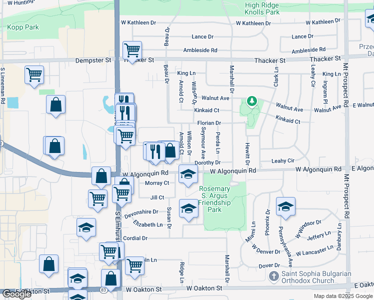 map of restaurants, bars, coffee shops, grocery stores, and more near 1104 Willson Drive in Des Plaines