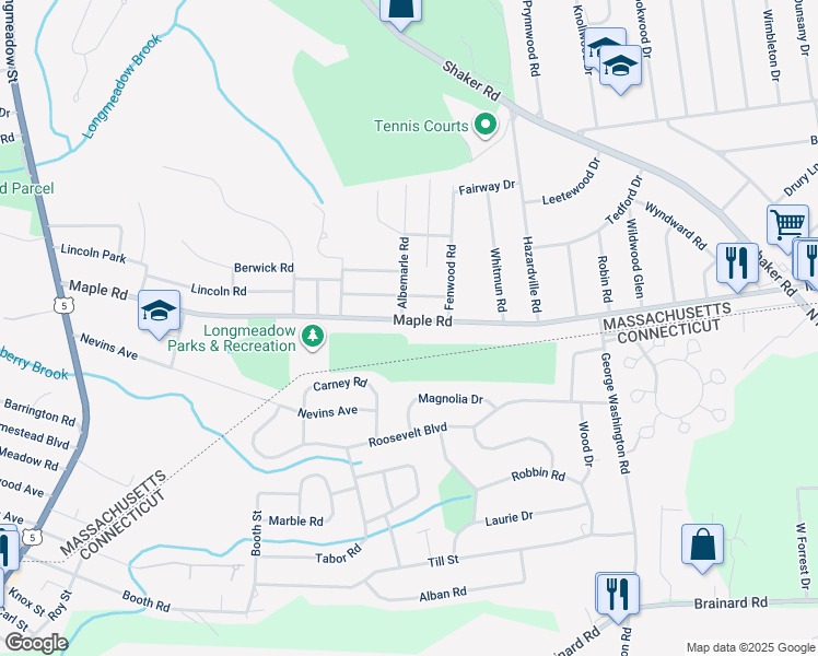 map of restaurants, bars, coffee shops, grocery stores, and more near 371 Maple Road in Longmeadow