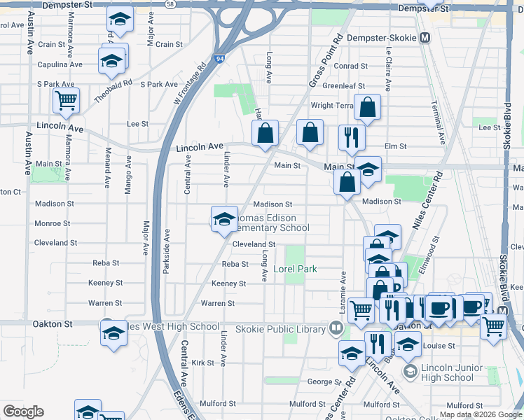 map of restaurants, bars, coffee shops, grocery stores, and more near 5401 Madison Street in Morton Grove