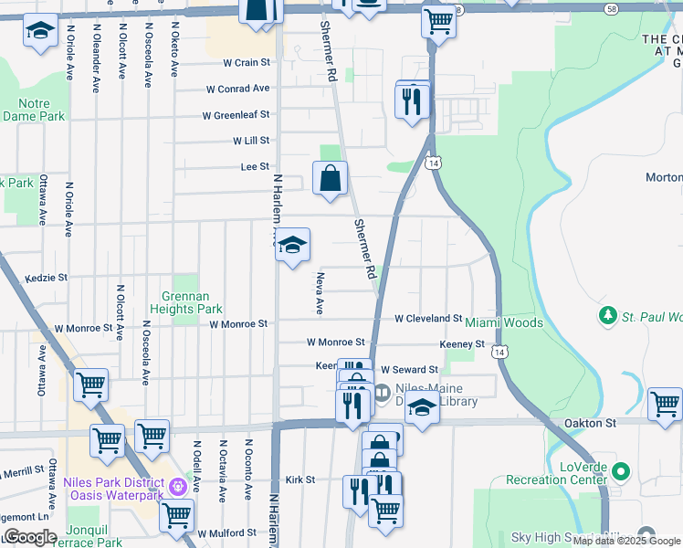 map of restaurants, bars, coffee shops, grocery stores, and more near 7065 Kedzie Street in Niles