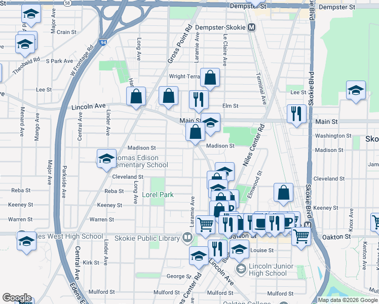 map of restaurants, bars, coffee shops, grocery stores, and more near 5205 Madison Street in Skokie