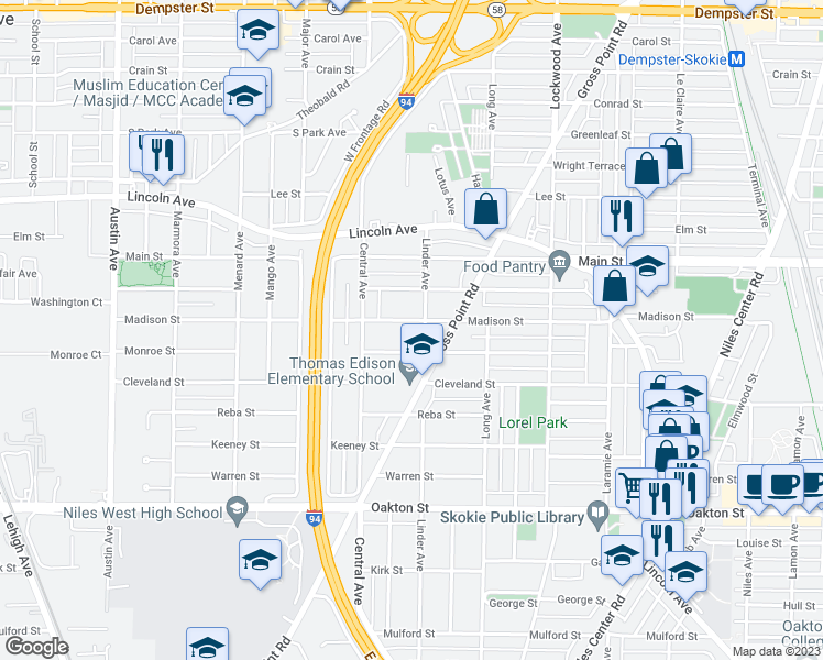 map of restaurants, bars, coffee shops, grocery stores, and more near 5511 Madison Street in Morton Grove