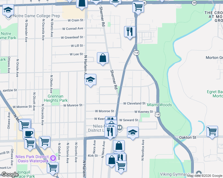 map of restaurants, bars, coffee shops, grocery stores, and more near 7025 Kedzie Street in Niles