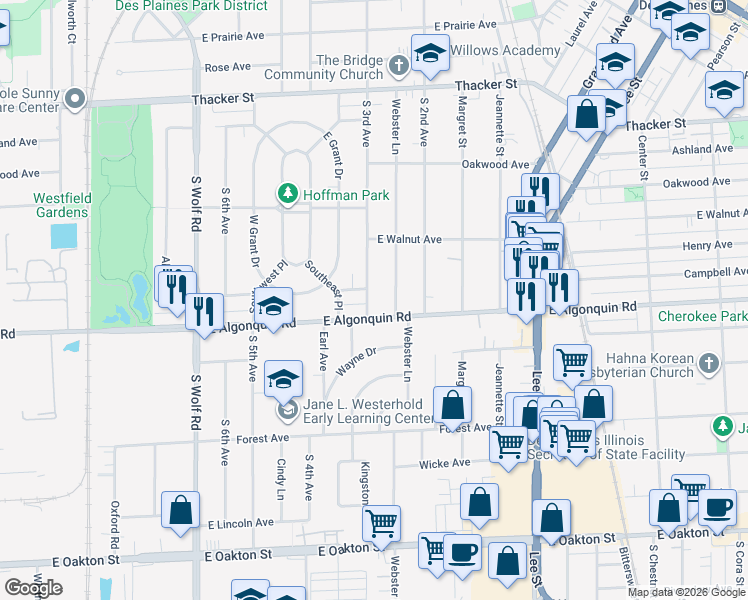 map of restaurants, bars, coffee shops, grocery stores, and more near 1167 South 3rd Avenue in Des Plaines