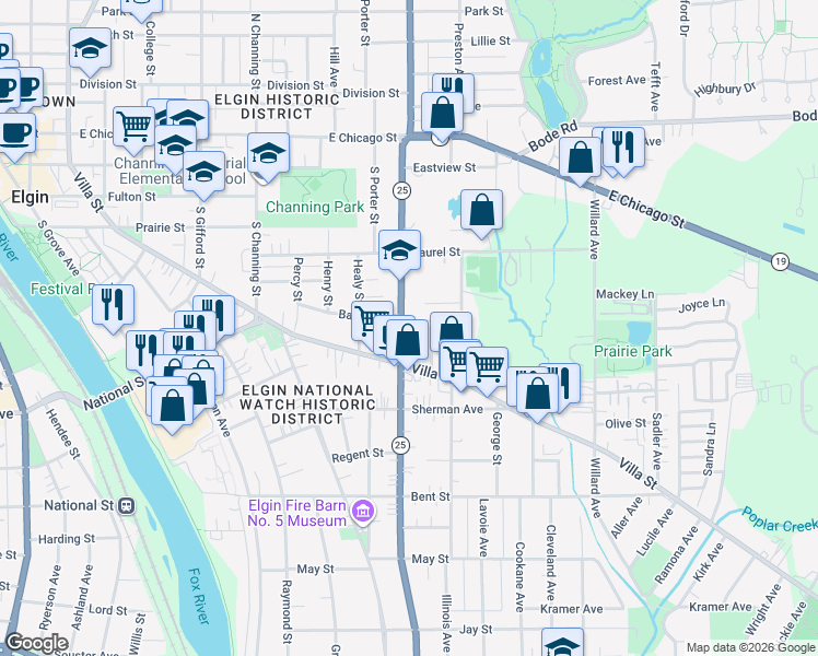 map of restaurants, bars, coffee shops, grocery stores, and more near 311 South Liberty Street in Elgin