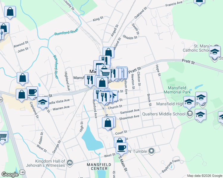 map of restaurants, bars, coffee shops, grocery stores, and more near 30 Pleasant Street in Mansfield