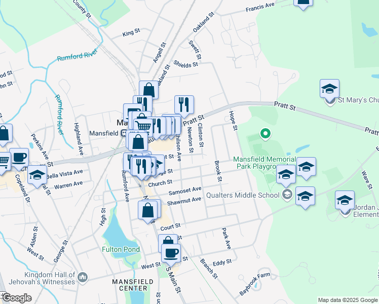 map of restaurants, bars, coffee shops, grocery stores, and more near 94 Pleasant Street in Mansfield