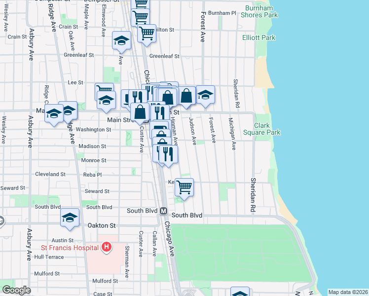 map of restaurants, bars, coffee shops, grocery stores, and more near 735 1/2 Hinman Avenue in Evanston