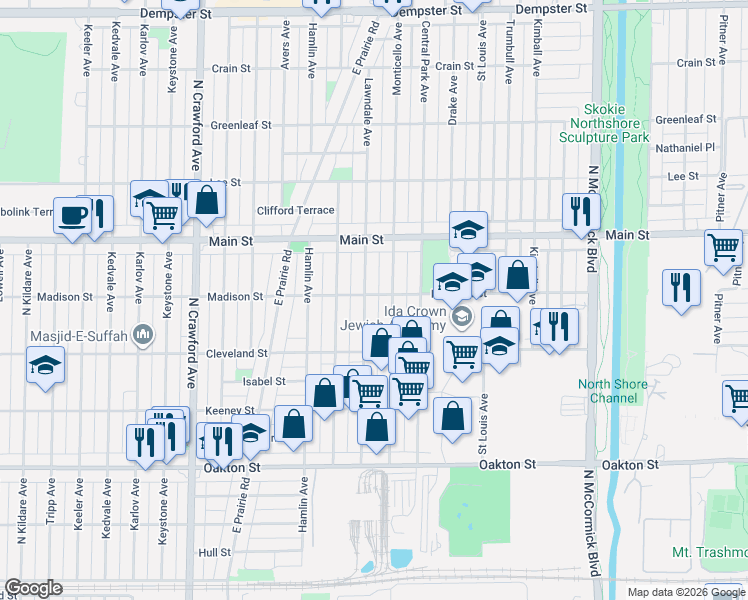map of restaurants, bars, coffee shops, grocery stores, and more near 3637 Madison Street in Skokie