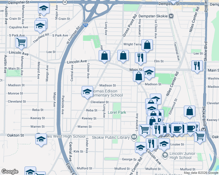 map of restaurants, bars, coffee shops, grocery stores, and more near 5401 Madison Street in Morton Grove