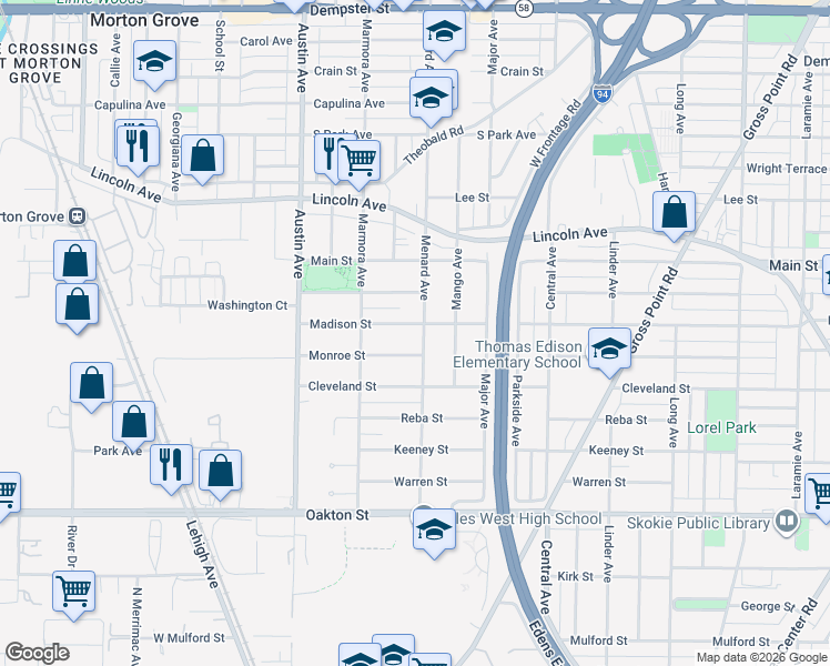 map of restaurants, bars, coffee shops, grocery stores, and more near 5815 Madison Street in Morton Grove