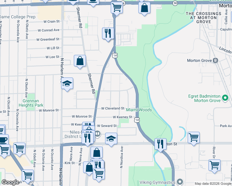 map of restaurants, bars, coffee shops, grocery stores, and more near 8251 Newland Avenue in Niles