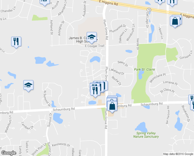 map of restaurants, bars, coffee shops, grocery stores, and more near 715 Whitesail Drive in Schaumburg