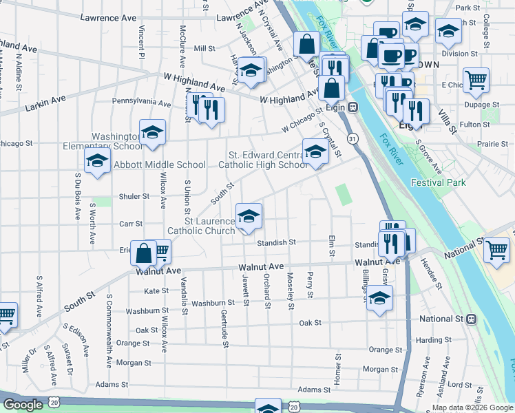 map of restaurants, bars, coffee shops, grocery stores, and more near 163 Orchard Street in Elgin
