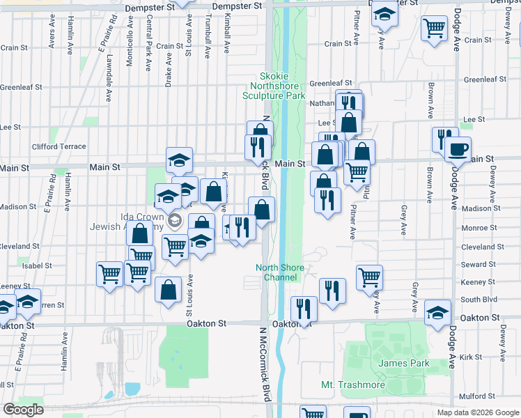 map of restaurants, bars, coffee shops, grocery stores, and more near 8250 McCormick Boulevard in Skokie