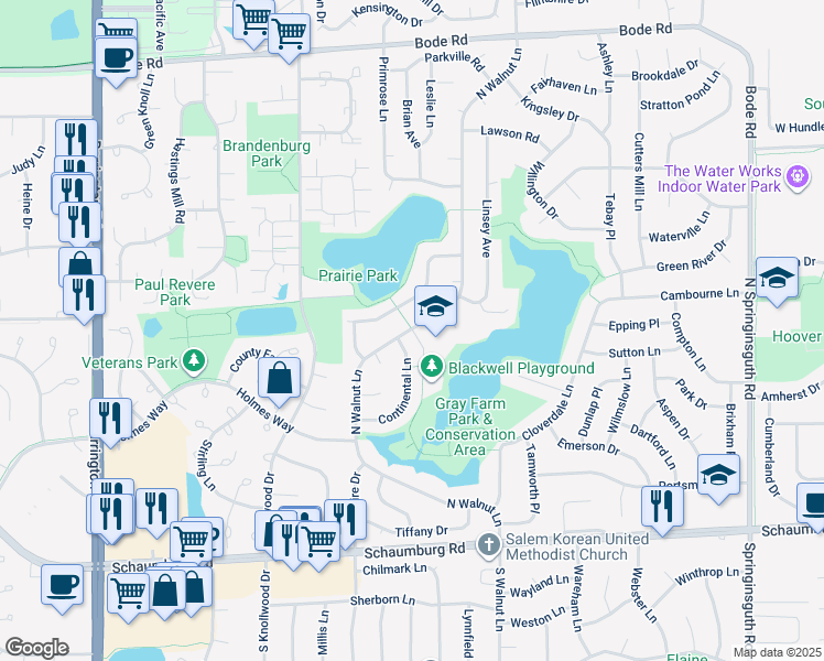 map of restaurants, bars, coffee shops, grocery stores, and more near 345 North Walnut Lane in Schaumburg