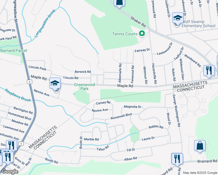 map of restaurants, bars, coffee shops, grocery stores, and more near 321 Maple Road in Longmeadow