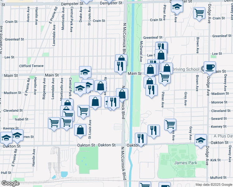 map of restaurants, bars, coffee shops, grocery stores, and more near 8252 Christiana Avenue in Skokie