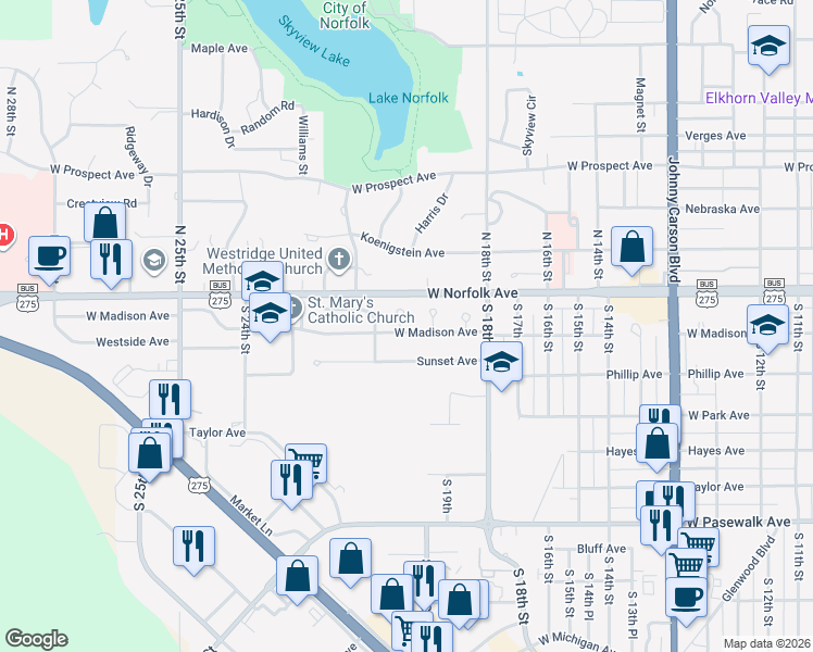 map of restaurants, bars, coffee shops, grocery stores, and more near 2006 West Madison Avenue in Norfolk