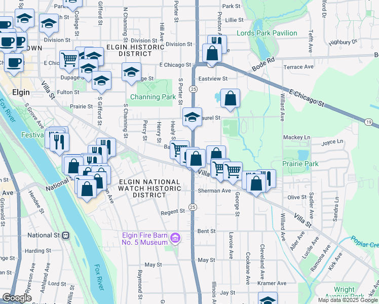 map of restaurants, bars, coffee shops, grocery stores, and more near 563 Barrett Street in Elgin