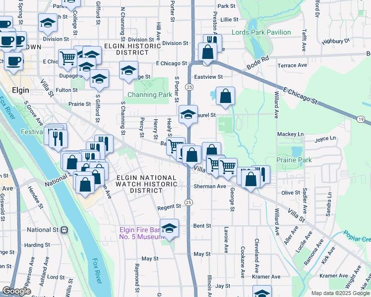 map of restaurants, bars, coffee shops, grocery stores, and more near 306 South Liberty Street in Elgin