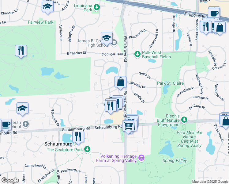 map of restaurants, bars, coffee shops, grocery stores, and more near 715 Whitesail Drive in Schaumburg