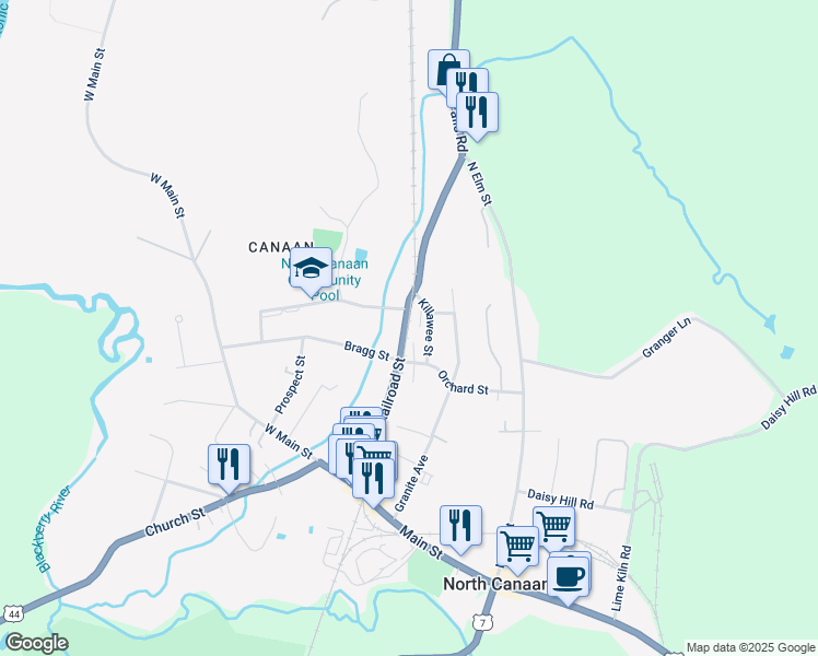 map of restaurants, bars, coffee shops, grocery stores, and more near 170 Railroad Street in Canaan