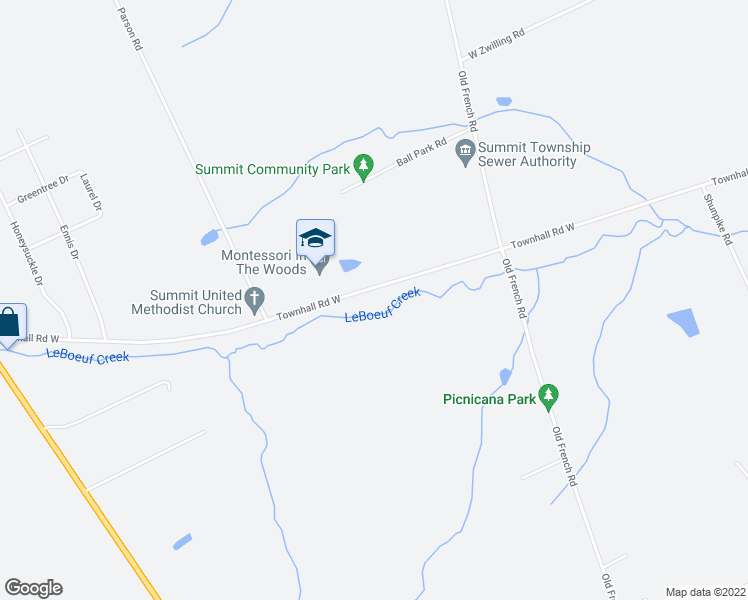 map of restaurants, bars, coffee shops, grocery stores, and more near 1261 Townhall Road West in Waterford