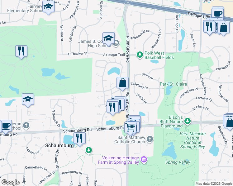 map of restaurants, bars, coffee shops, grocery stores, and more near 715 Whitesail Drive in Schaumburg